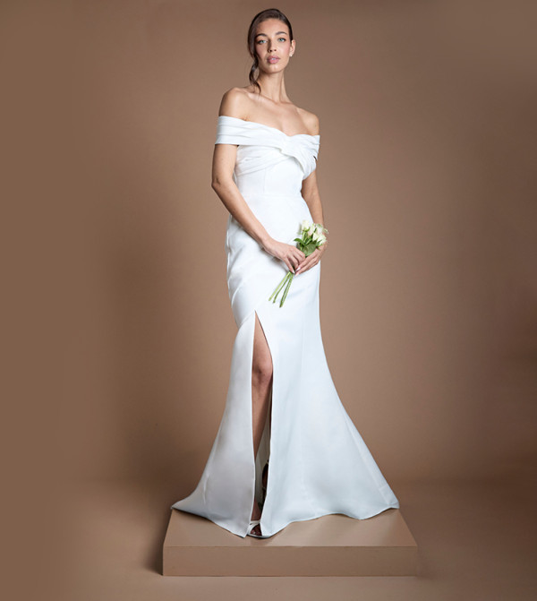 Structured Satin Pleated Bandeau Fishtail Wedding Dress