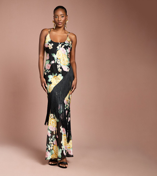 Strappy Satin Jacquard Fringe Detail Maxi Dress