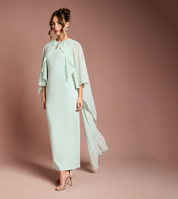 Ruffle Chiffon Cape Crepe Maxi Dress