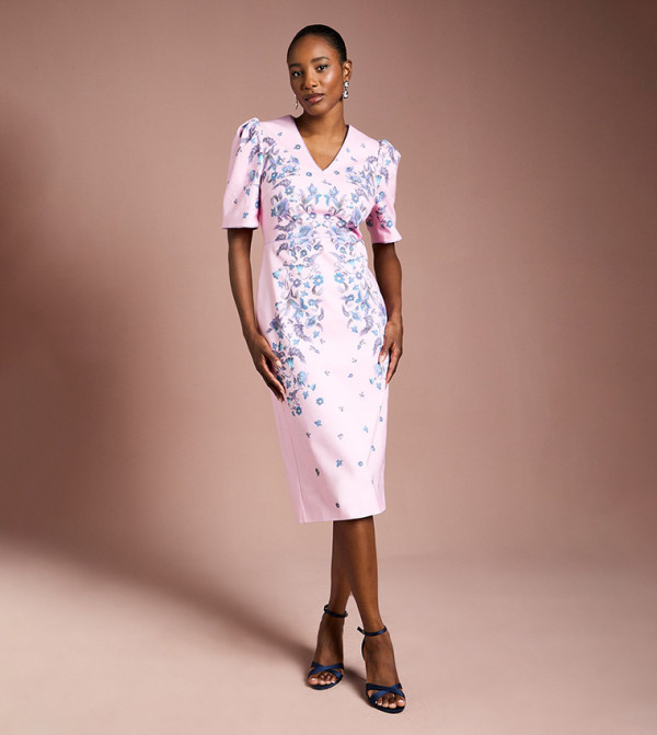 Puff Sleeves Floral Print Structured Cotton Pencil Dress