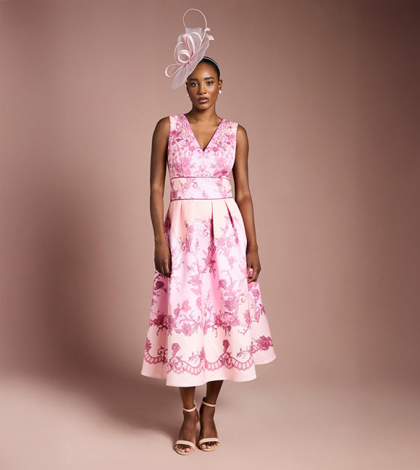 V-Neck Structured Satin Placement Print Midi Dress