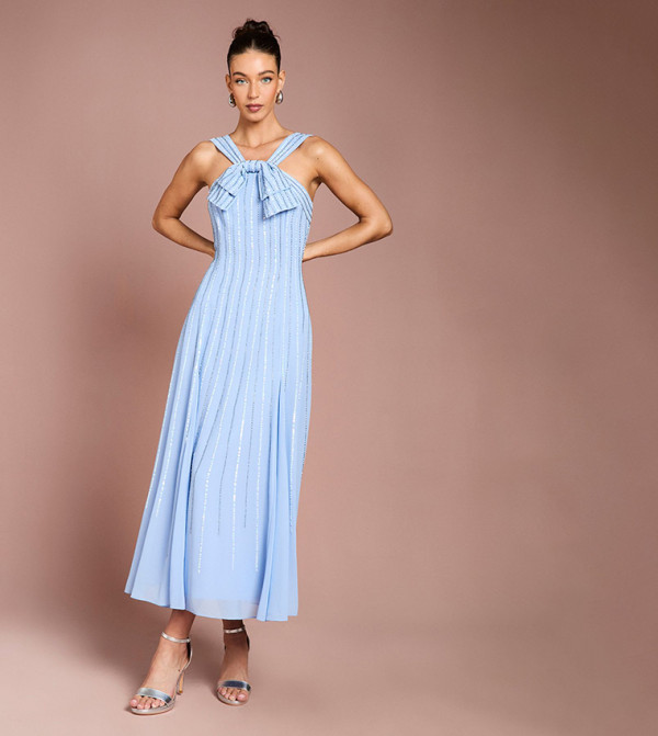 Embellished Cross Front Bow Detail Midi Dress