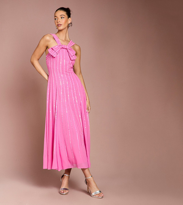 Embellished Cross Front Bow Detail Midi Dress