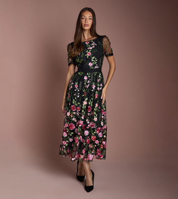 Lace Trim Detail Embroidered Mesh Midi Dress