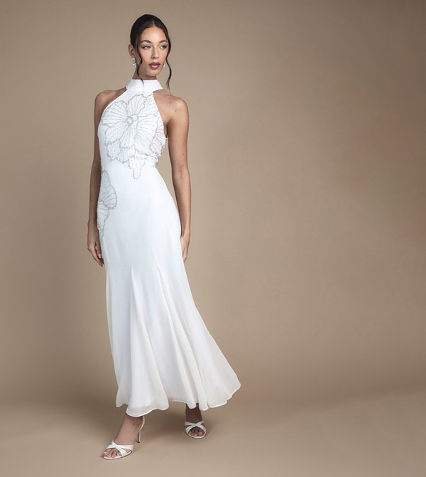 Embellished Maxi Wedding Dress with Godet Pleats