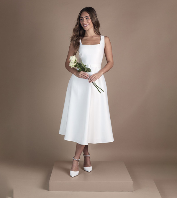 Belted Twill Midi Wedding Dress