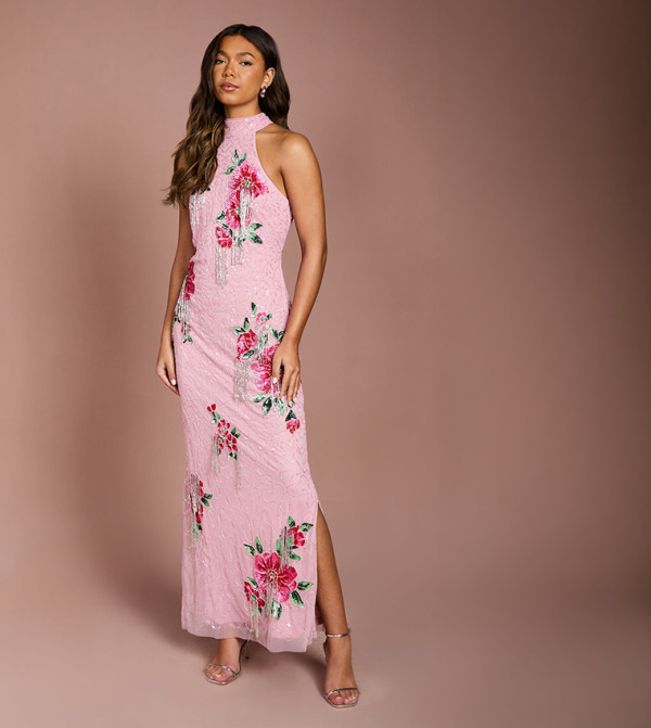 Floral Sequined High Neck Maxi Dress