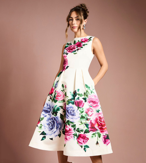 Pocket Structured Satin Placement Print Midi Dress