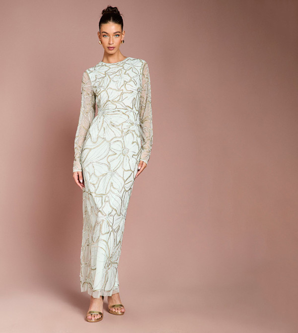 Floral Embellished Long Sleeves Maxi Dress