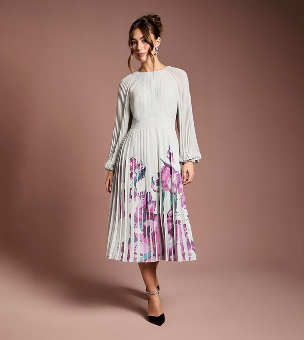 Placement Print Pleated Midi Dress