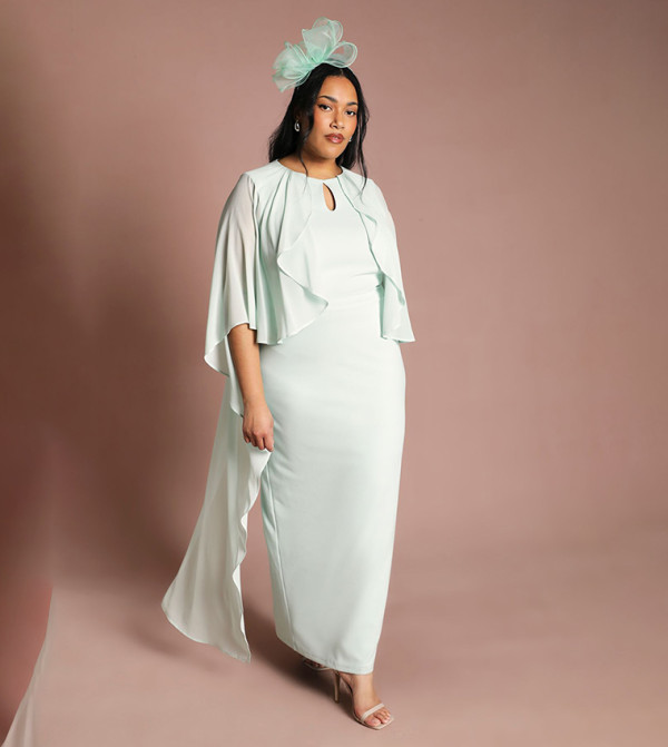 Curve Ruffle Chiffon Cape Sleeves Maxi Dress