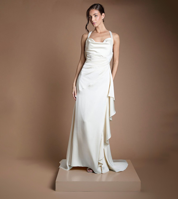 Beaded Strap Cowl Neck Wedding Dress