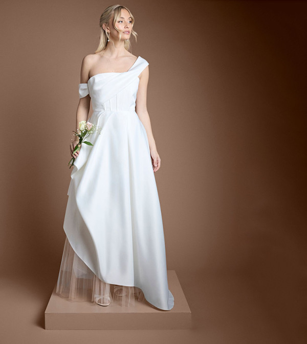 One Shoulder Bodice Asymmetric Maxi Wedding Dress