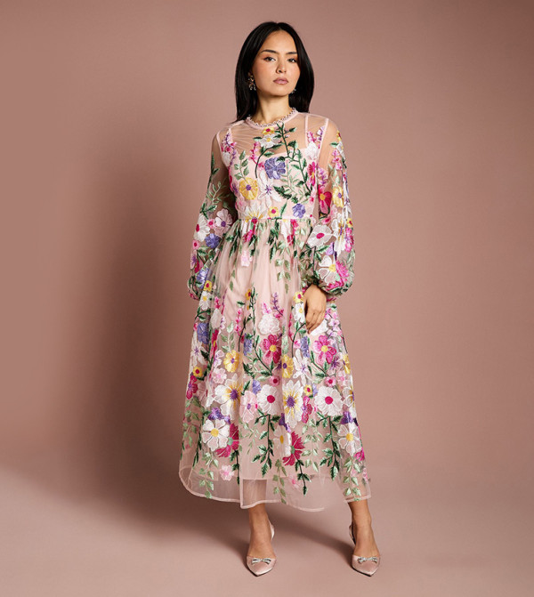 Petite Embroidered Long Sleeves Midaxi Dress