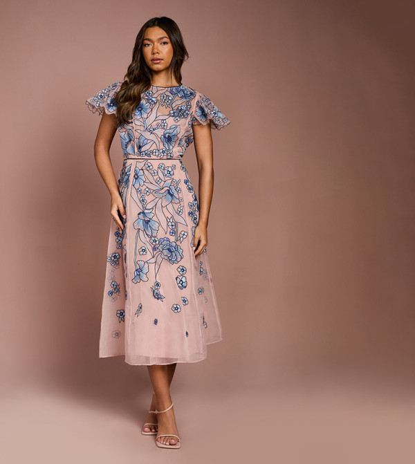 Floral Embroidered Cutwork Sleeves Midi Party Dress