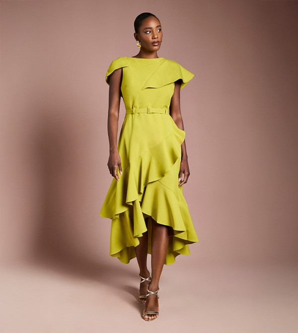 Waterfall Crepe Belted Midi Dress
