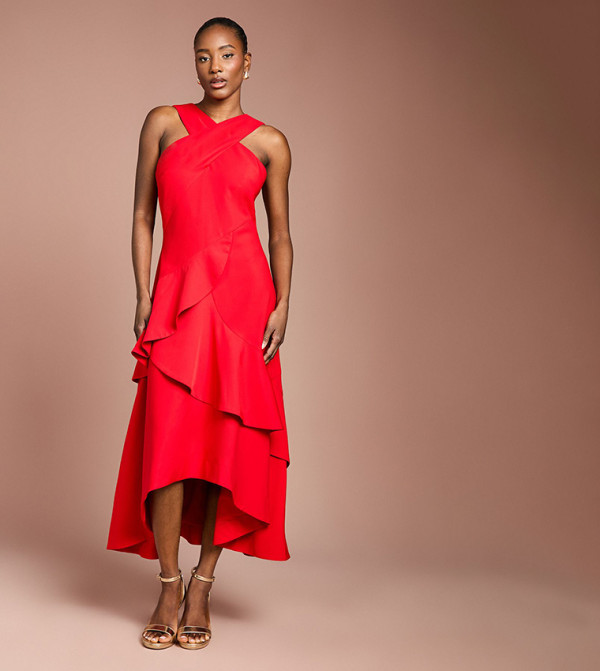 Cross Neck Ruffle Crepe Midi Dress