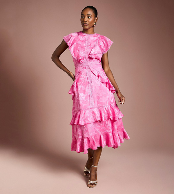 Satin Jacquard Ruffle Detail Midi Dress