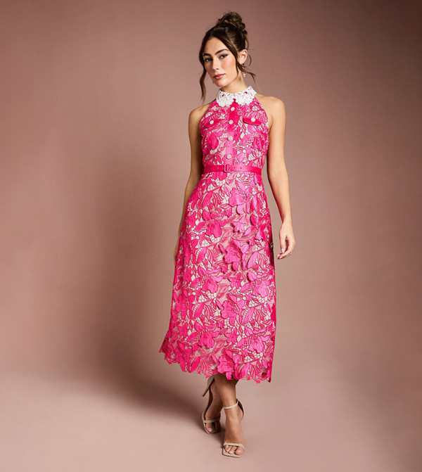 Halterneck Satin Lace Contrast Collar Midi Dress