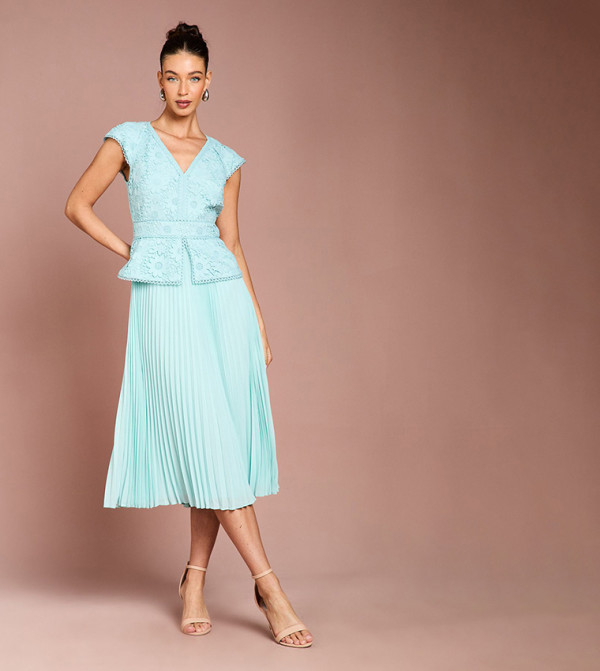 V-Neck Lace Bodice Peplum Midi Dress