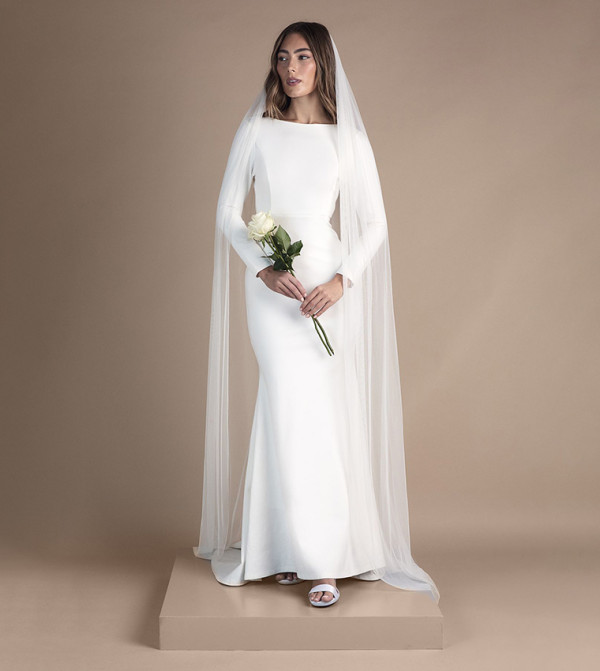 Petite Slash Neck Puddle Wedding Dress