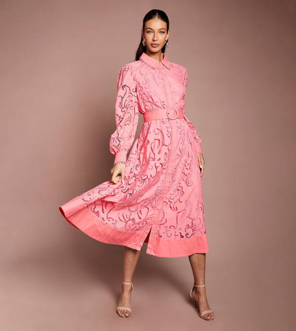 Embroidered Cut-Out Belted Midi Shirt Dress