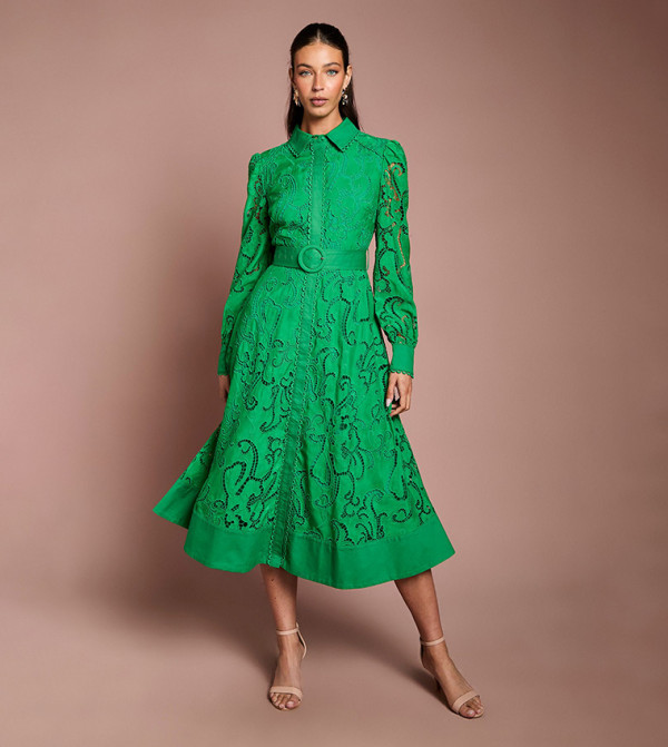 Embroidered Cut-Out Belted Midi Shirt Dress
