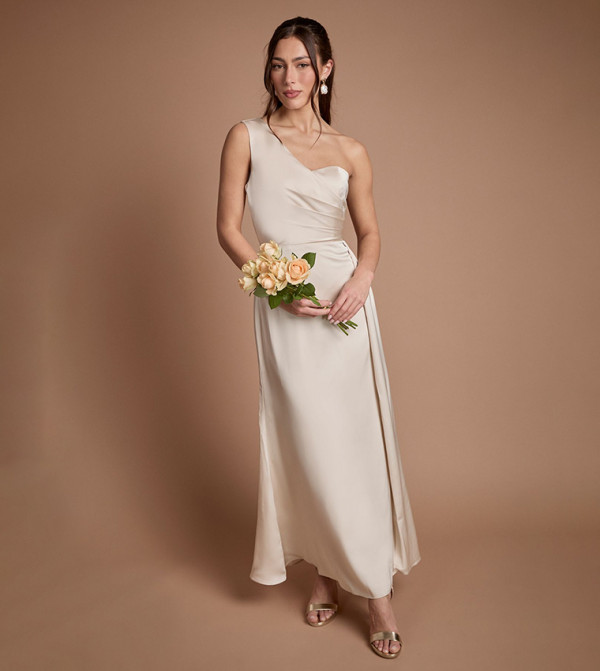 One Shoulder Wrap Bodice Maxi Bridesmaid Dress