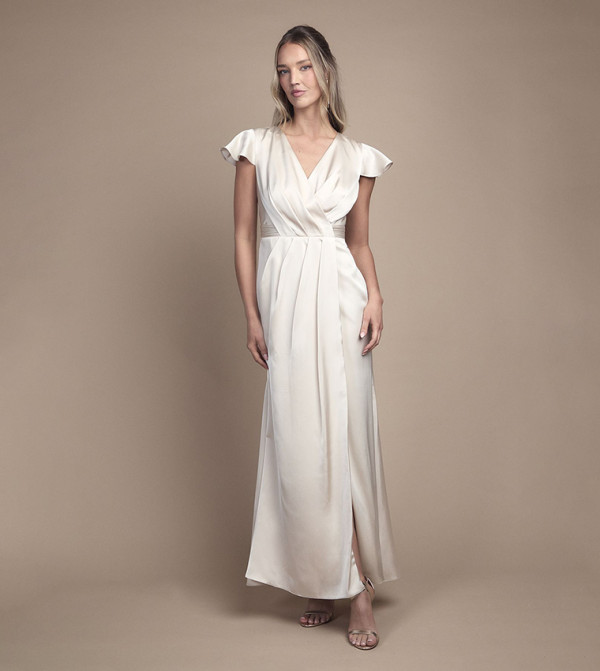 Wrap Front Flutter Sleeves Maxi Bridesmaid Dress