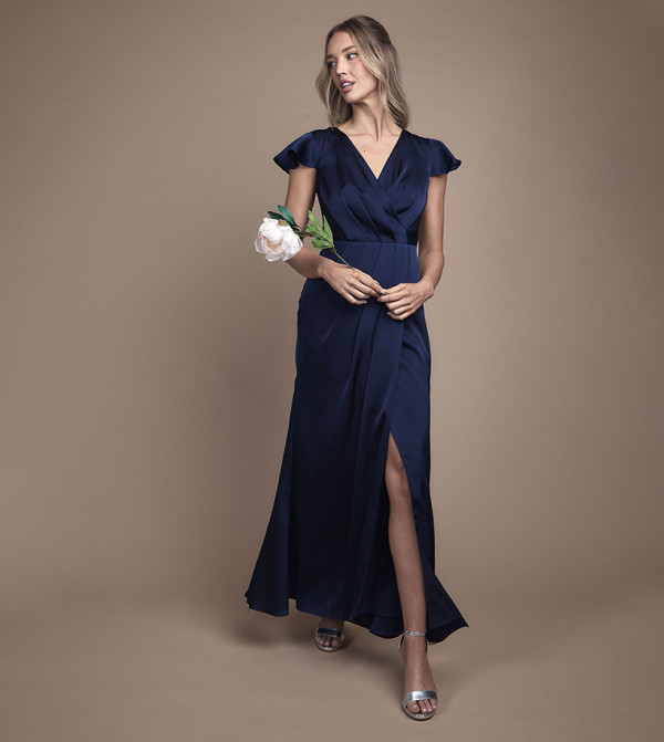 Wrap Front Flutter Sleeves Maxi Bridesmaid Dress