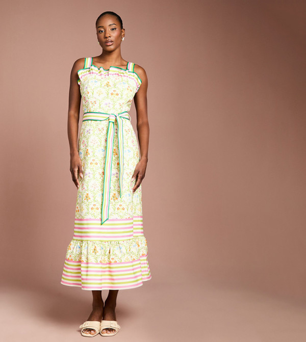 Printed Twill Ruffle Midi Dress