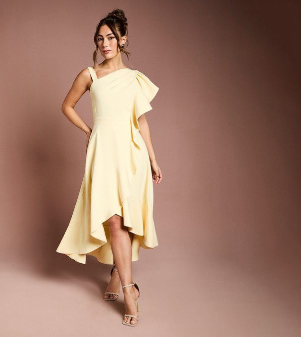 One Shoulder Crepe Ruffle Midi Dress