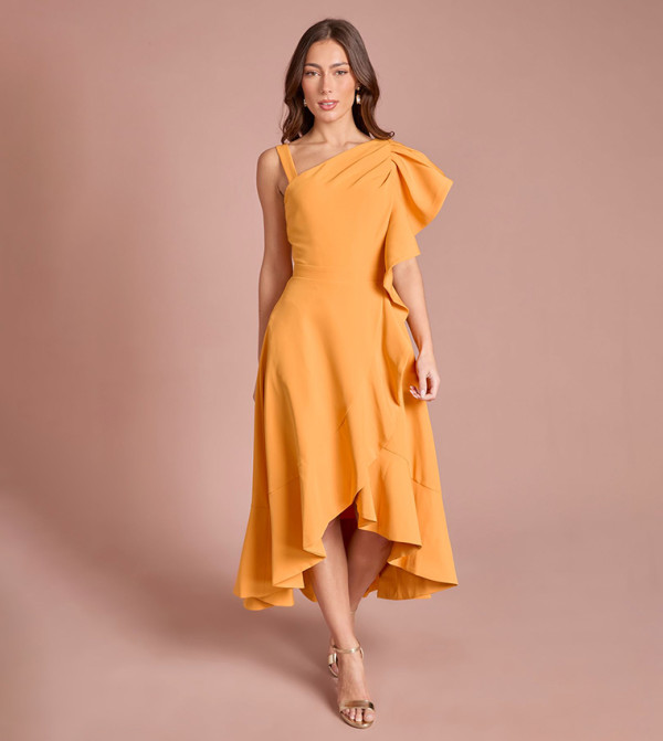 One Shoulder Crepe Ruffle Midi Dress