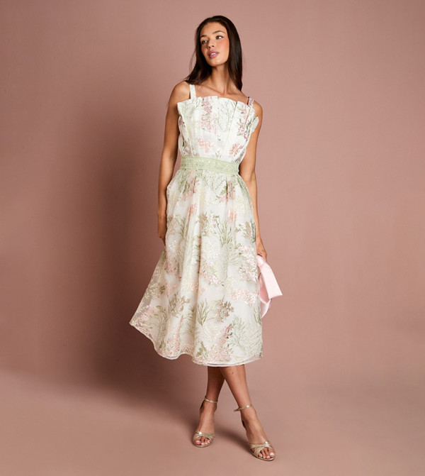 Fan Bodice Embroidered Mesh Midi Dress