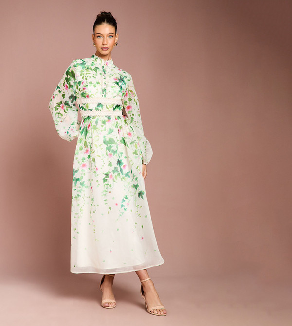 Placement Print Long Sleeves Organza Midi Dress