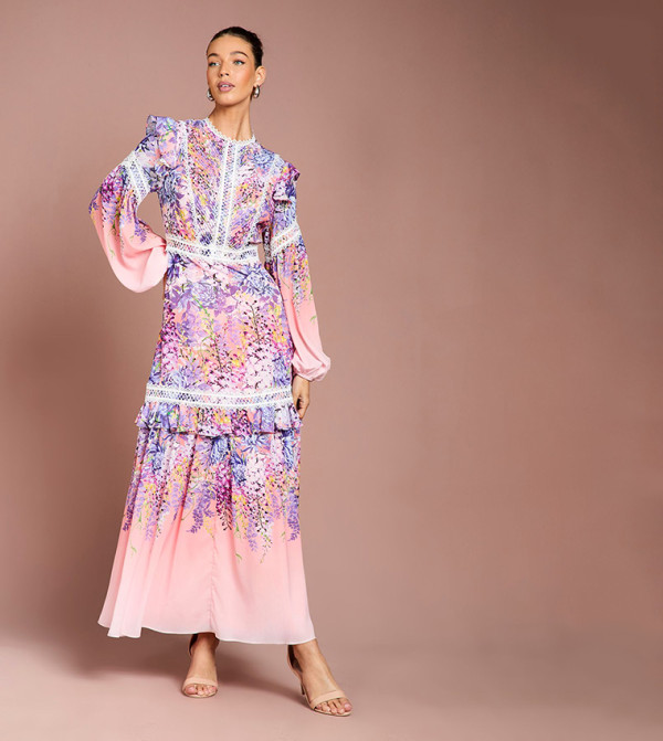 Placement Print Lace Frill Detail Maxi Dress