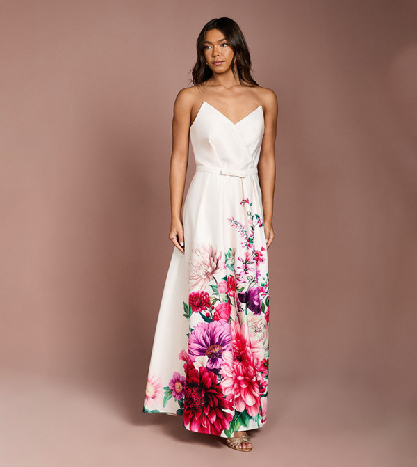 Wired Bandeau Border Print Maxi Dress