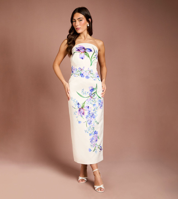 Placement Print Floral Bandeau Pencil Maxi Dress