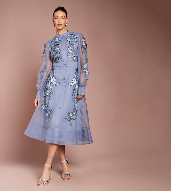 Placement Embroidered Long Sleeves Midi Party Dress