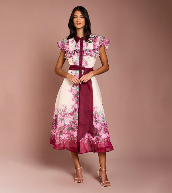 Petite Placement Print Frill Midi Dress