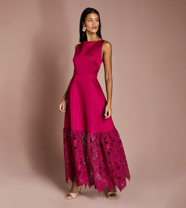 Petite Lace Hem Structured Satin Maxi Dress