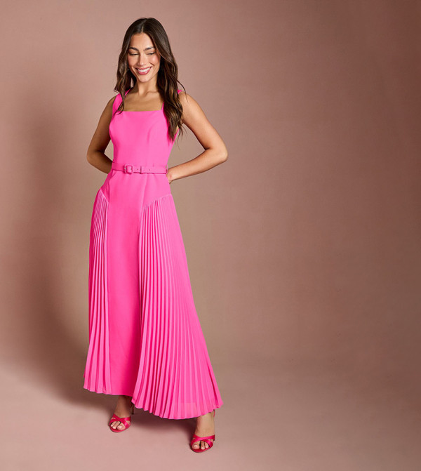 Belted Maxi Dress with Pleated Sides