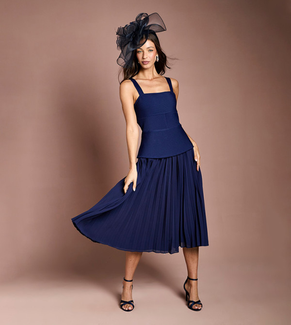 Bandage Bodice Midi Dress with Pleated Skirt