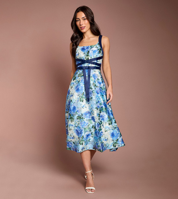 Cross Front Floral Jacquard Midi Dress