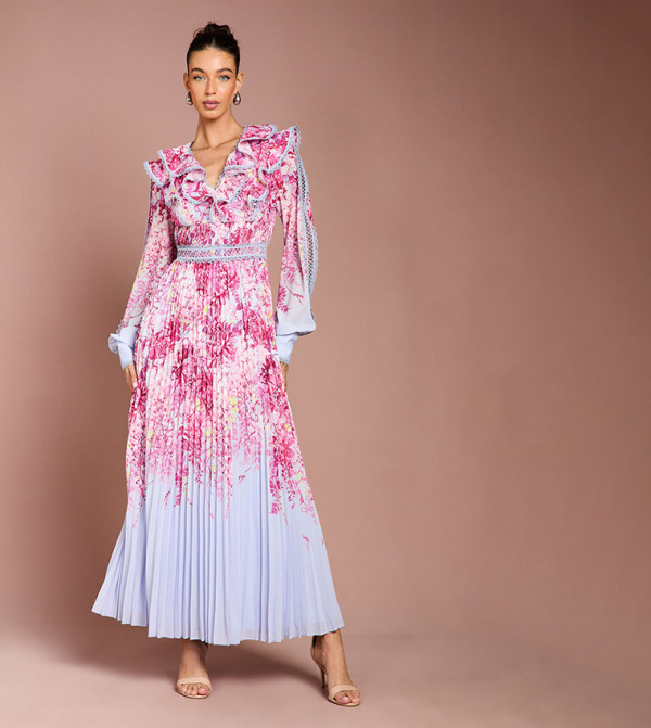 Placement Print Lace Trim Pleated Maxi Dress