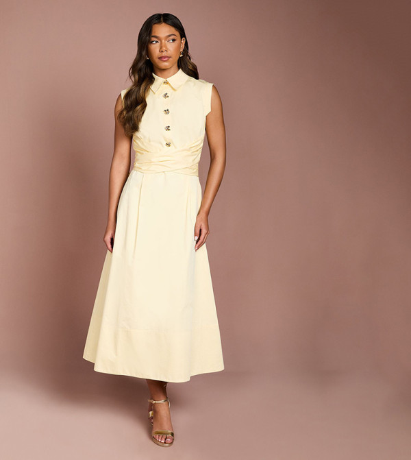 Poplin Wrap Waisted Gold Button Midi Dress