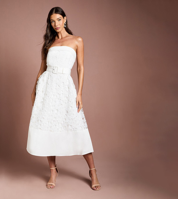 Bandeau Belted Lace Midi Dress