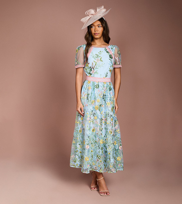 Lace Trim Detail Embroidered Mesh Midi Dress