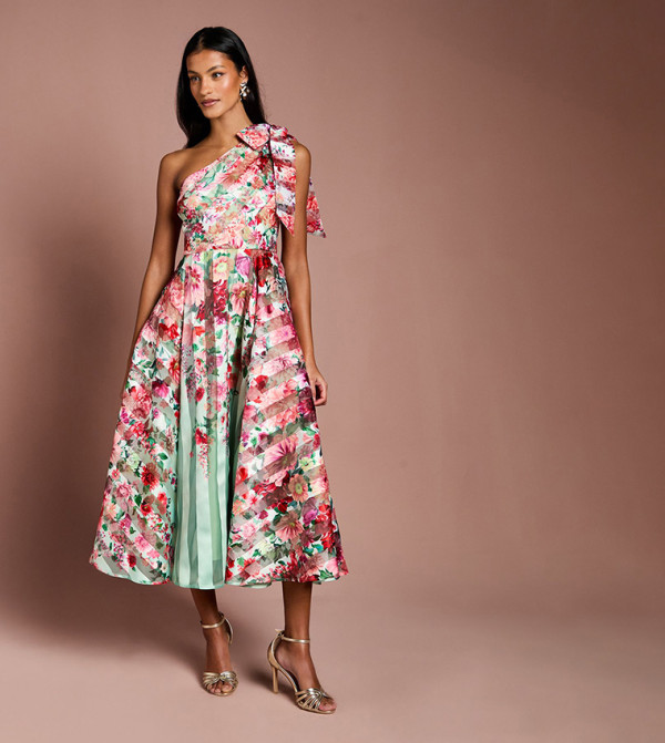 Petite Printed Stripe Organza One Shoulder Midi Dress