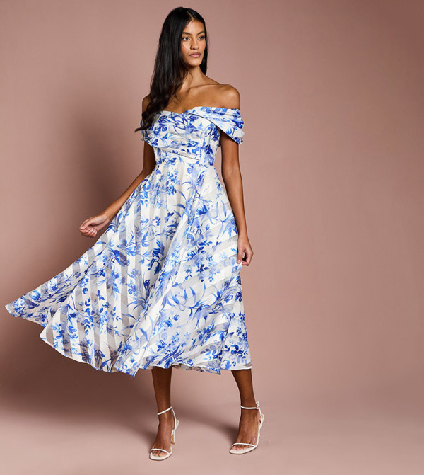 Petite Striped Organza Pleated Top Midi Dress
